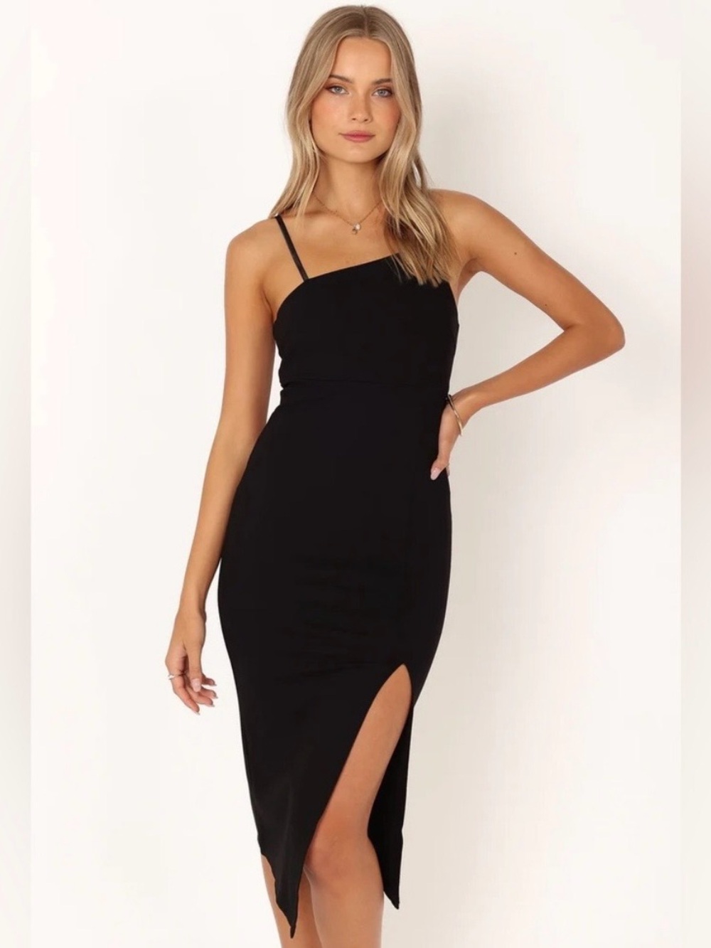 Petal & Pup Zahra DresBlack Asymmetrical One-Shoulder Midi Dress with Thigh Slit